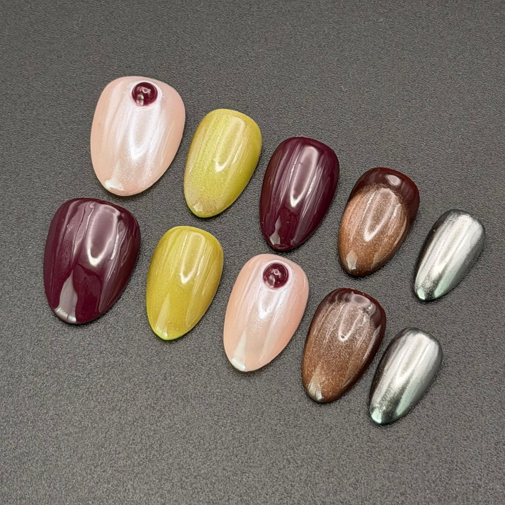 Chrome Aura Press-On Nails | Burgundy Olive & Silver Metallic Set